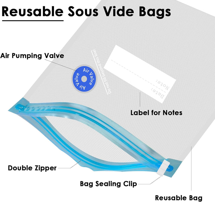 Sous Vide Beutel, 3 Grössen Wiederverwendbare Lebensmittel Vakuumtüten mit 4 Verschlussklammern, 2 M