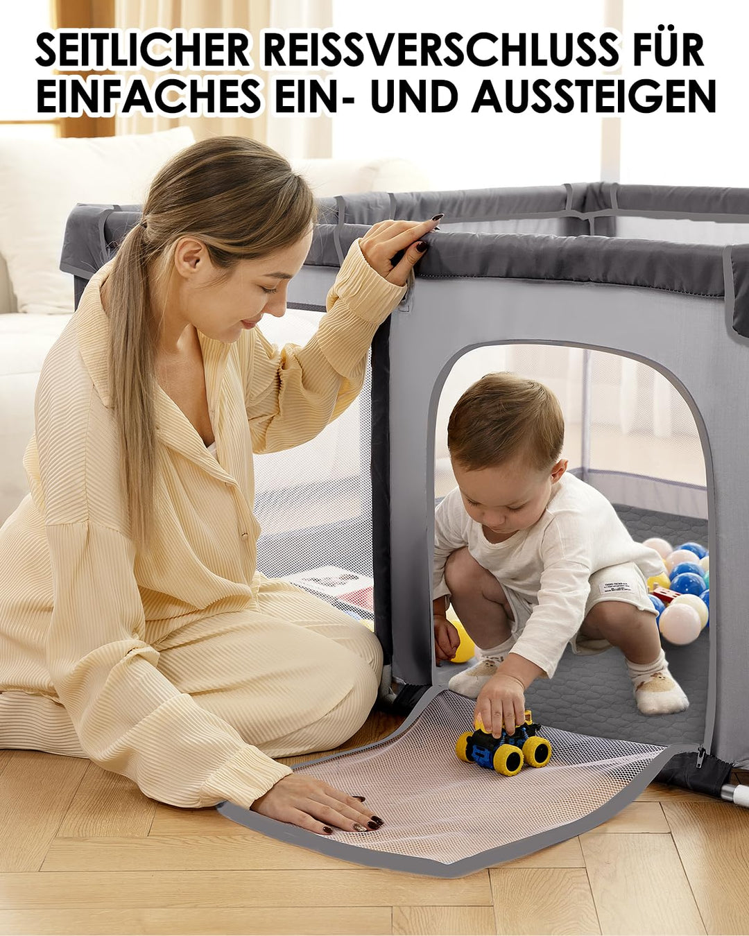 Laufstall Baby mit Spielmatte,Laufgitter Baby,Kinderzaun mit Atmungsaktivem Netz,Tragbarer Laufstall