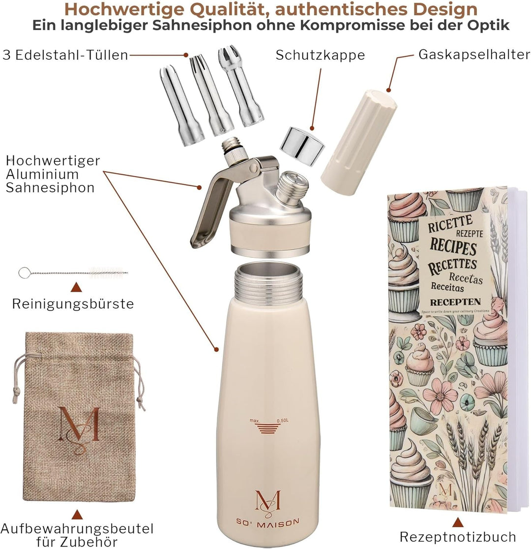 SO'MAISON Siphon Chantilly, 500 ml, cremefarbenes Vintage-Design, Rezeptbuch zum Nachfüllen – Siphon