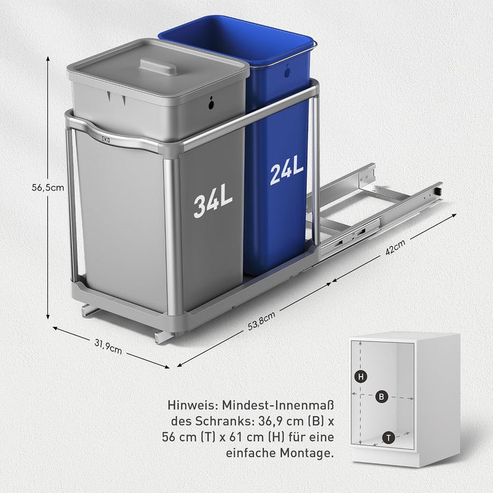 EKO DECO Mülleimer Küche Unterschrank, 34 L + 24 L, 2-fach Mülltrennsystem, ausziehbarer Mülleimer u