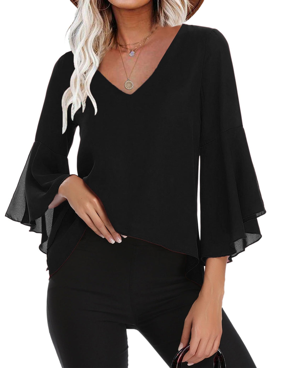 Gyabnw Damen Chiffon Bluse Volantärmeln Tunika 3/4 Arm Elegant Chiffontunika Festlich Chiffon Bluse
