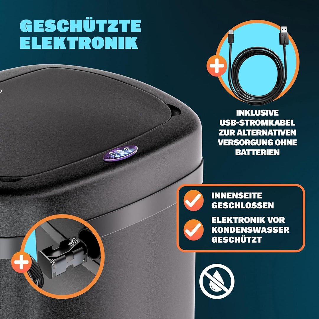 Monzana® Mülleimer mit Sensor Küche 50L Edelstahl Automatik Deckel Klemmring inkl. USB-Kabel Abfalle