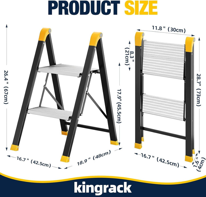 KINGRACK Trittleiter 2 Stufen Klappbar, Tritthocker aus Aluminium &amp; Stahl | Klapptritt mit Breite ru
