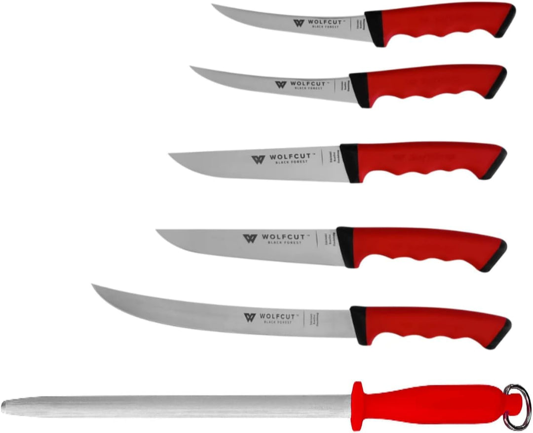 Wolfcut SoftGrip Serie - Metzgermesser-Set 6-tlg. - Ausbeinmesser13 und 15 cm, Stechmesser, Fleische