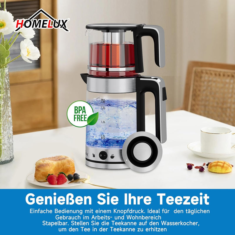 HOMELUX Glas Wasserkocher 1.8L + 1.2L Teekannen 1800W Wasserkocher mit Heizfunktion und Teetrichter,