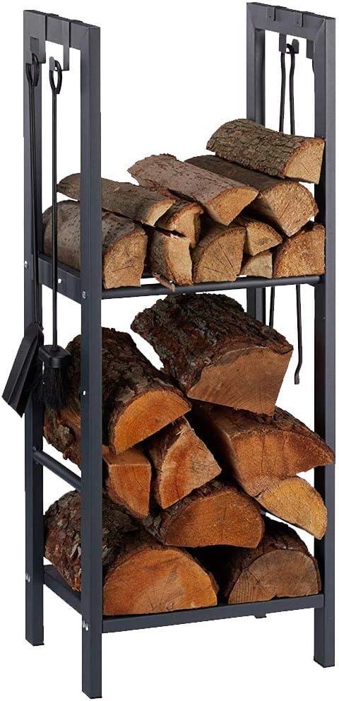 Bakaji vertikaler Kaminholzständer aus Metall für Holzkamin und Kaminofen mit 2 Ablagen für Innen un
