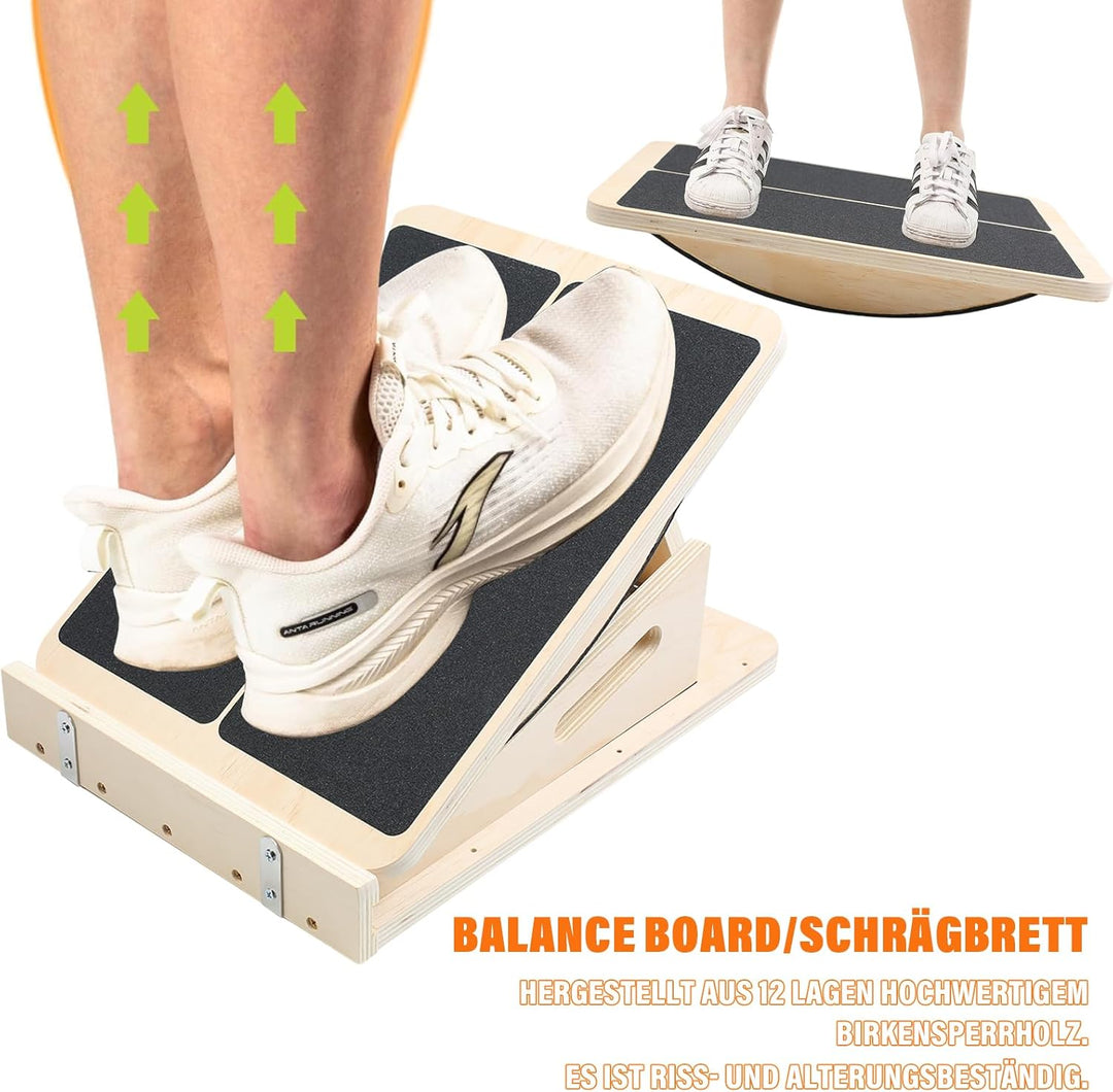 2-in-1 Schrägbrett aus Holz für Wadendehnung und Gleichgewicht, Professionelles Balance-Board Verste