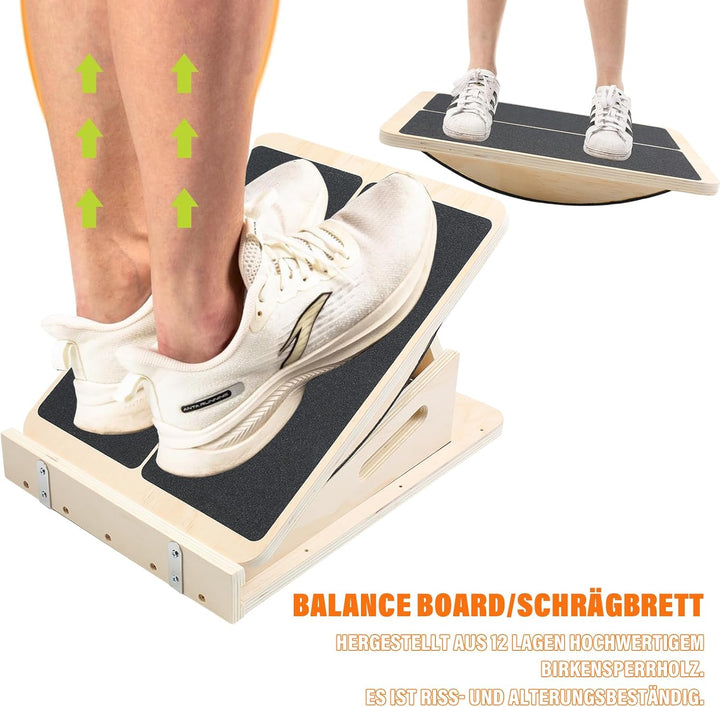 2-in-1 Schrägbrett aus Holz für Wadendehnung und Gleichgewicht, Professionelles Balance-Board Verste