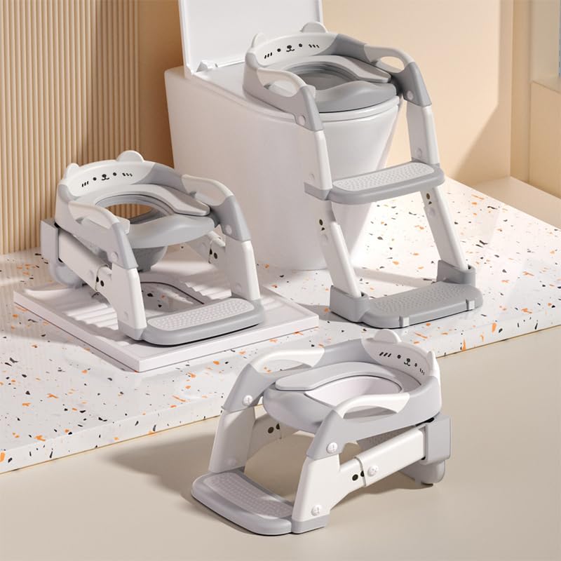 3 IN 1 Toilettensitz Kinder mit Treppe, Upgraded Töpfchen Trainer für Kinder, Höhenverstellbar Rutsc