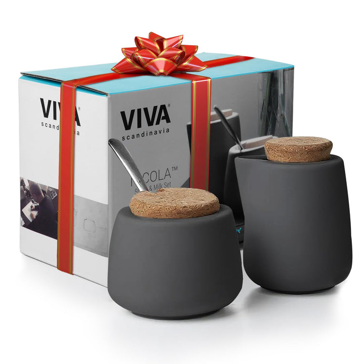 VIVA scandinavia Sahne- und Zuckermilchkännchen-Set mit Löffel, Porzellan, Model Nicola, matt Anthra