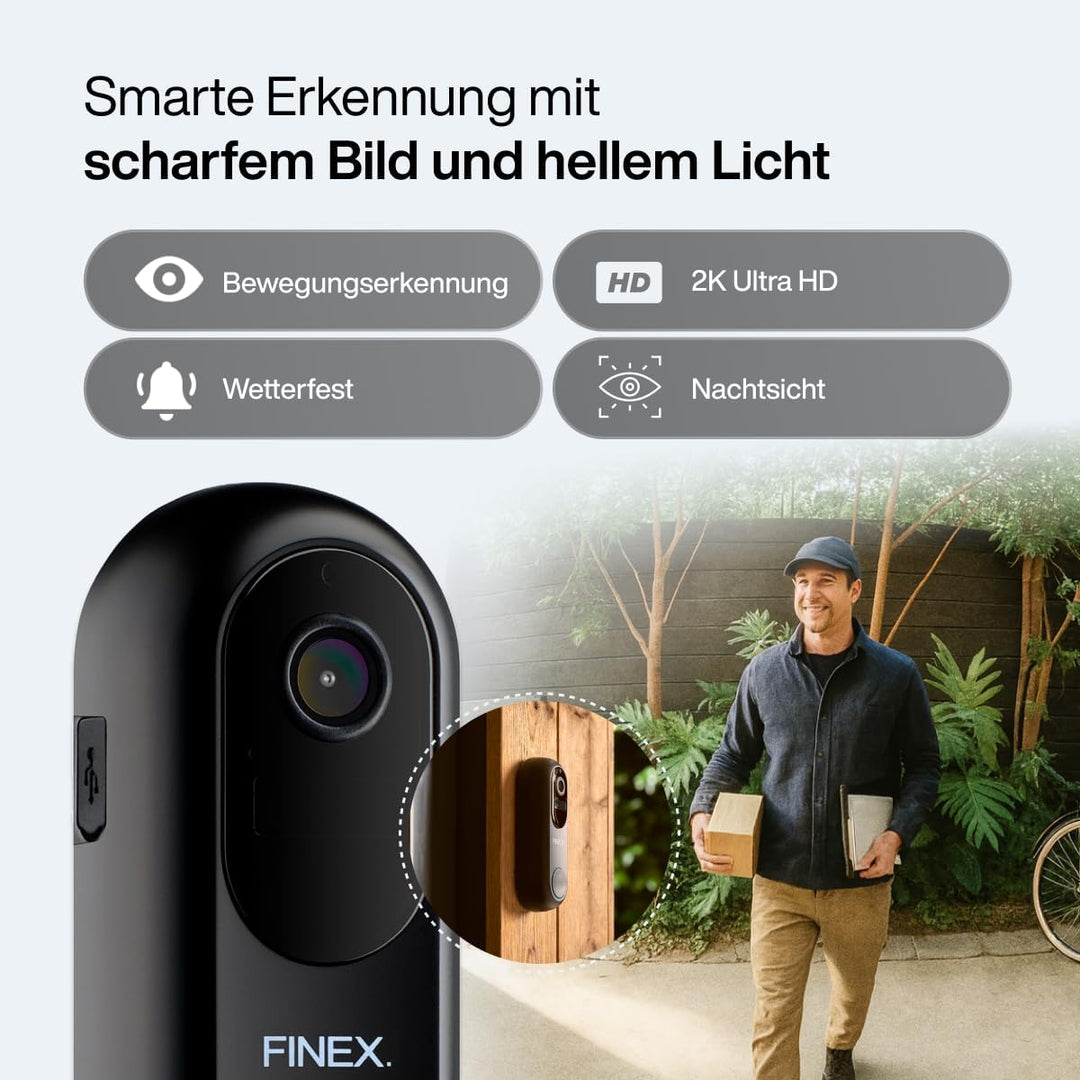 FINEX Video Türklingel, inkl. Innenklingel & Batterien, Tag- & Nachtmodus, Ohne Abonnement, Kabellos