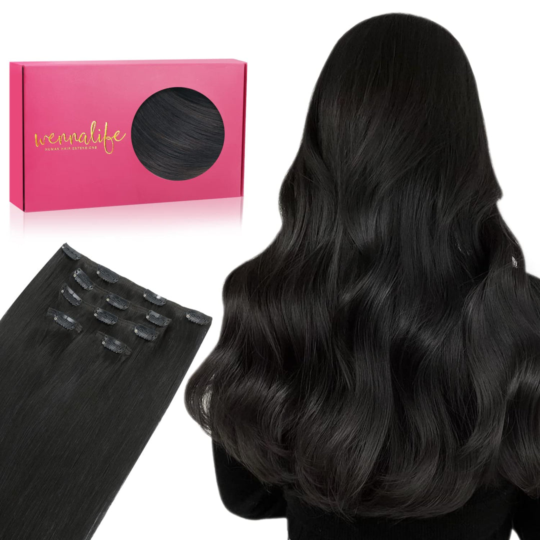 WENNALIFE Clip in Extensions Echthaar, 75g 5pcs 40cm Natürliches Schwarz Extensions Clip in Remy Cli