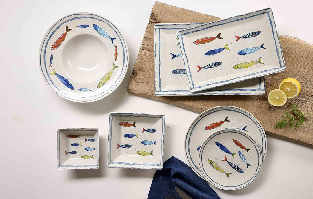 Ritzenhoff & Breker Maro Speiseteller ø 26 cm 6er Set, Steinzeug-Geschirr mit Fisch-Dekor, Spülmasch