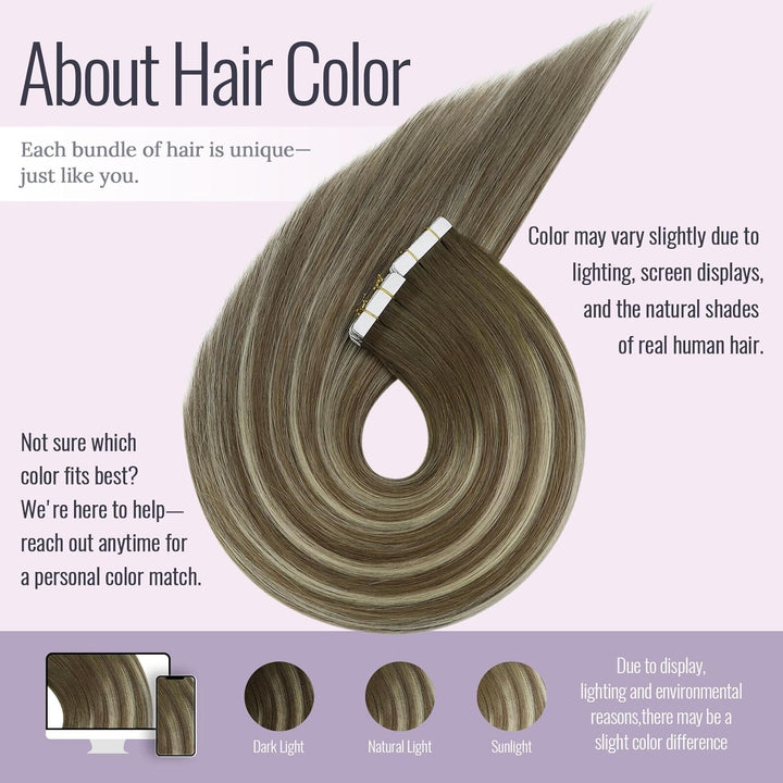 Fshine Haarverlängerung Tape Echthaar 45cm Echthaar Remy Extensions Tape 50 Gramm Balayage Dunkelbra