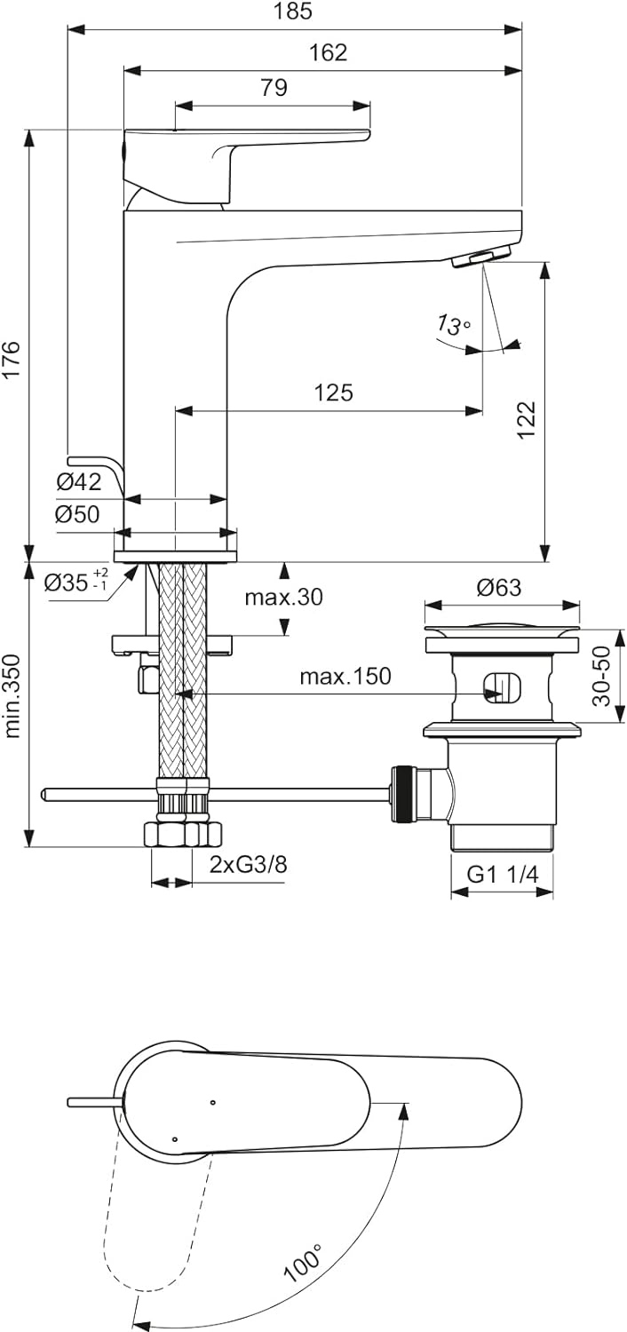 Ideal Standard BC702AA Cerafine O Waschtischarmatur mit Zugknopf-Ablaufgarnitur BlueStart BlueStart