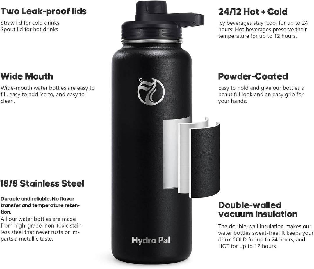 HydroPal Vakuumisolierte Edelstahl-Wasserflasche, 1200 ml/1000 ml/750 ml, 2 Deckel (Strohhalmdeckel