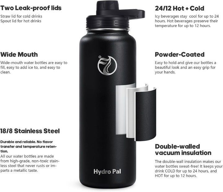 HydroPal Vakuumisolierte Edelstahl-Wasserflasche, 1200 ml/1000 ml/750 ml, 2 Deckel (Strohhalmdeckel