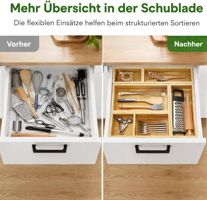 Schubladen Organizer aus Naturbambus 5er Set | Stapelbar, Aufbewahrungsbox Holz, Schreibtisch Organi