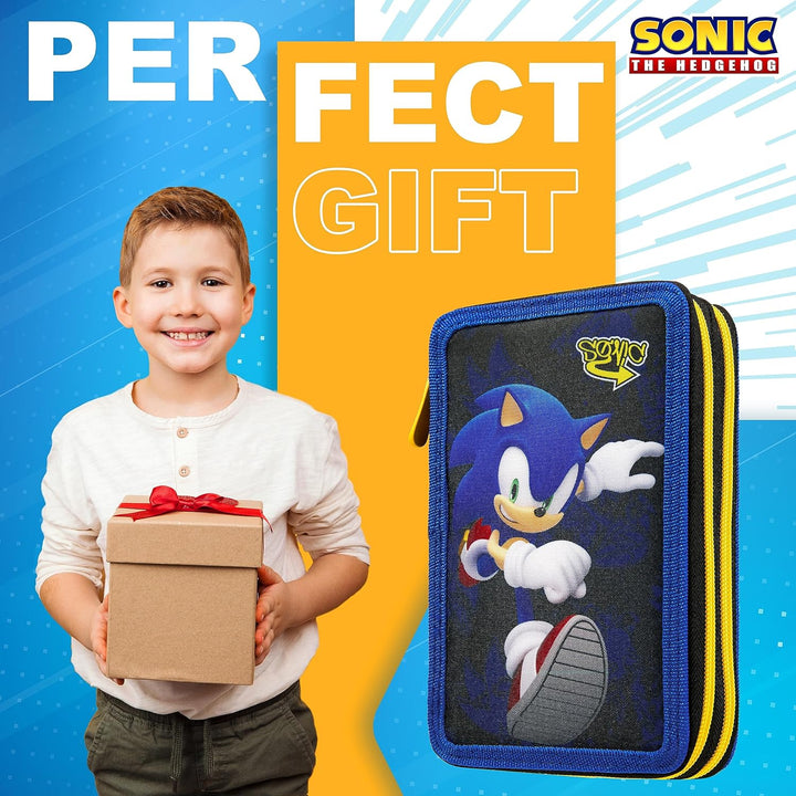 Sonic The Hedgehog Federtasche Gefüllt Kinder, Federmäppchen 2 Fächer, Mäppchen mit Inhalt, Etui Sch