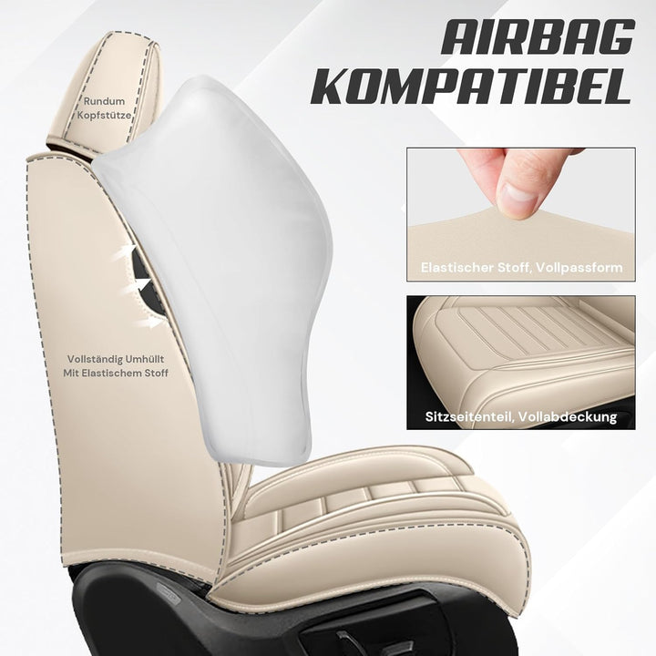 AutoSitzbezüge Leder für Nissan Qashqai 2007-2026, Beige | Nappa Leder Auto Sitzbezug 5 Stück, Wasse