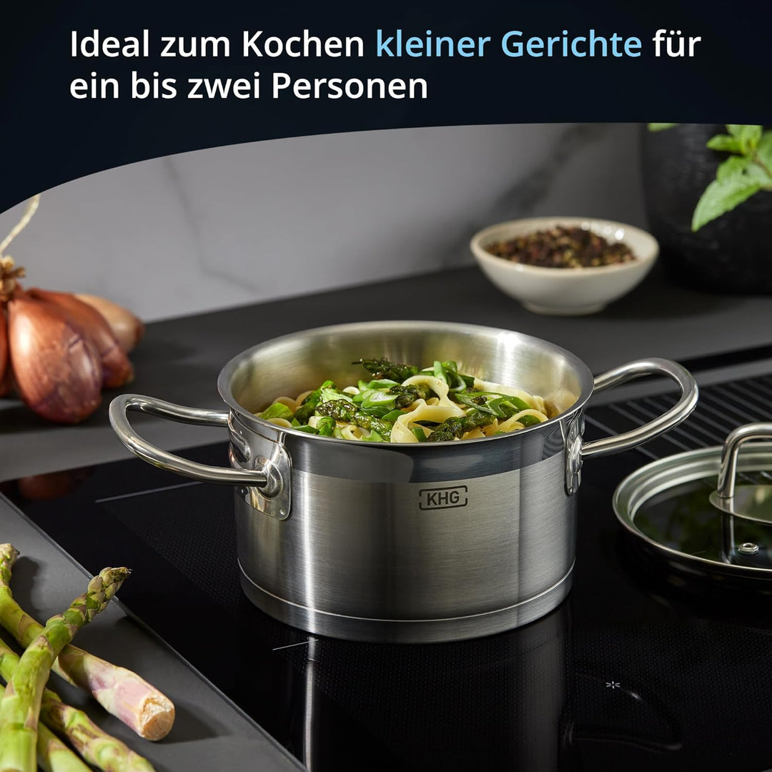 KHG Topf Kochtopf Fleischtopf 16 cm Induktion, Edelstahl unbeschichtet inkl. Glasdeckel | 9,5 cm hoh