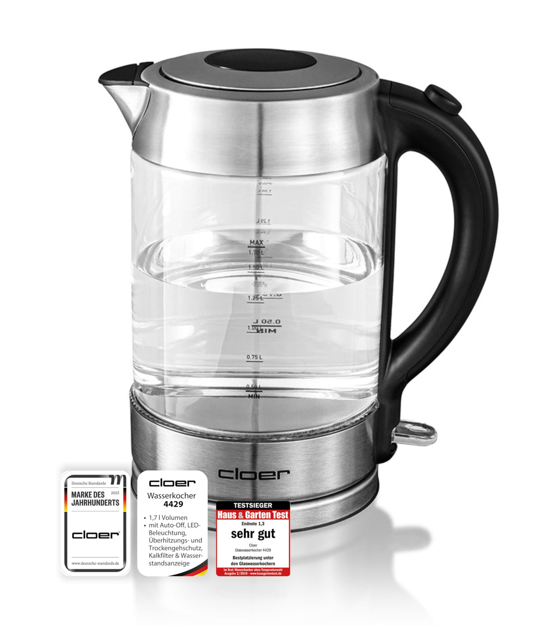 Cloer 4429 Glas Wasserkocher,Testsieger Haus und Garten 02.2019, 2200 Watt, LED-Beleuchtung, verrieg
