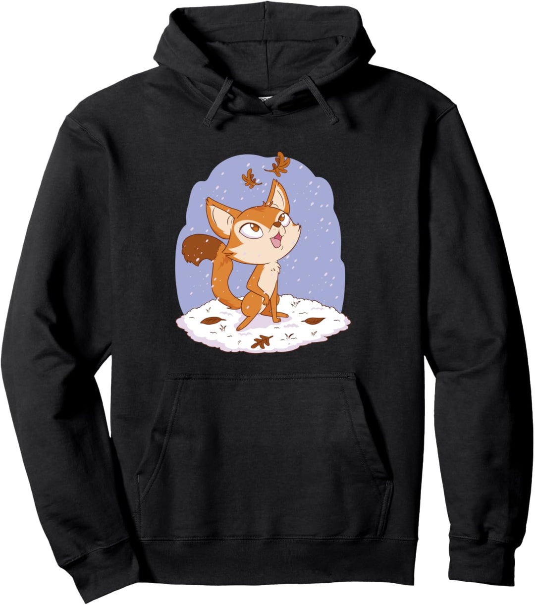 Kleiner Fuchs spielt mit Laub bei Schnee im Winter Fuchs Pullover Hoodie
