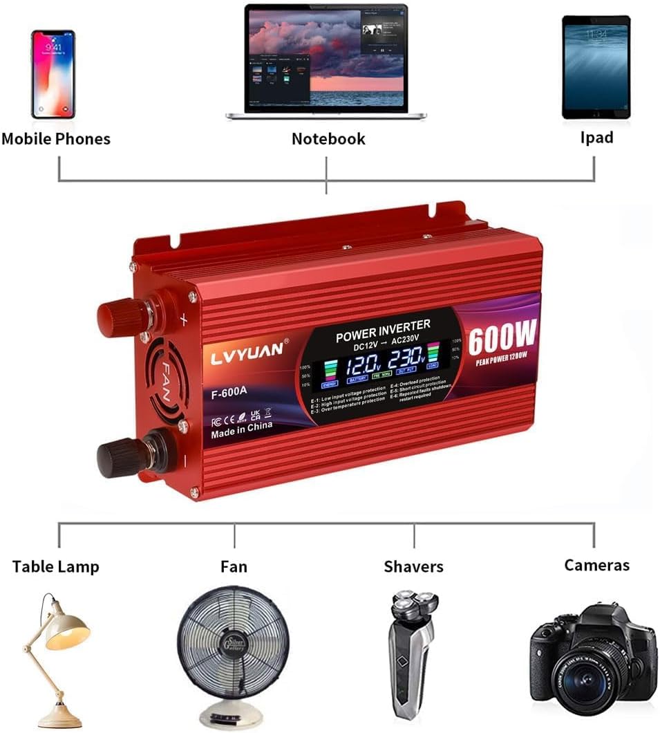 LVYUAN 600W/1200W Wechselrichter DC 12V auf AC 230V Spannungswandler 1 EU Steckdose & 2 USB Port Str