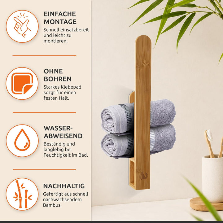 ECENCE Handtuchhalter Holz ohne Bohren, Natürlich &amp; Stilvoll, Selbstklebende Handtuchstange aus Bamb