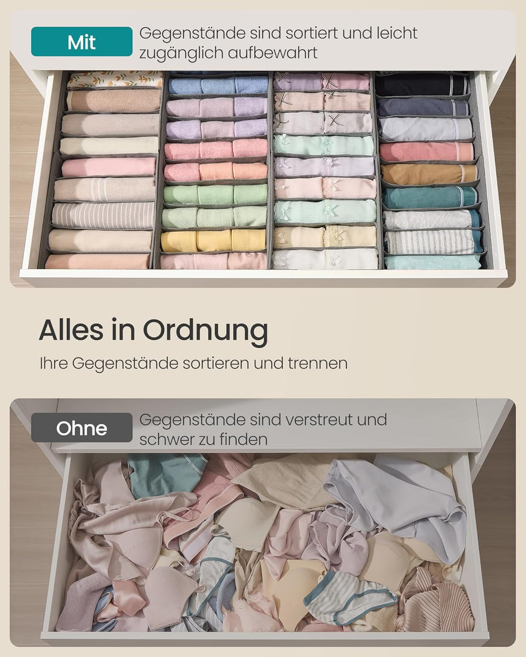 SONGMICS Unterwäsche-Organizer 4er Set, Schubladen-Organizer für IKEA PAX Kleiderschrank, mit Trennw