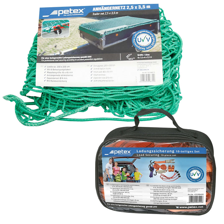 PETEX Anhängernetz 2,5 x 3,5 m, grün inkl. Ladungssicherungsset, 10-teilig, 2,5 x 3,5 m