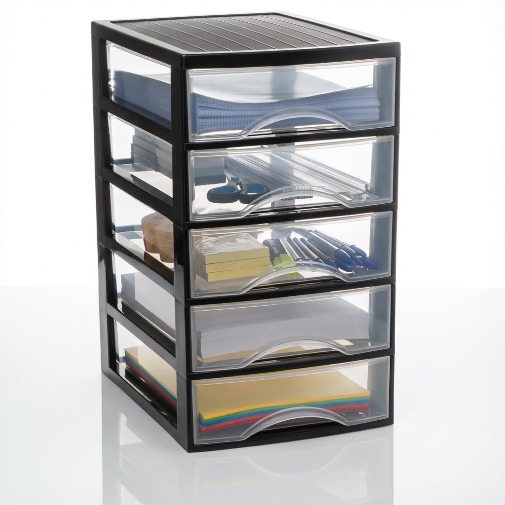 Hausfelder Schubladenbox A4 mit 5 Schubladen, Transparente Kunststoff Schubladenbox für Schreibtisch