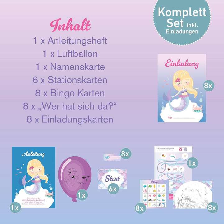 Schnitzeljagd Schatzsuche Meerjungfrau, 5-7 Jahre – Komplettes Set mit Einladungskarten digitaler Me