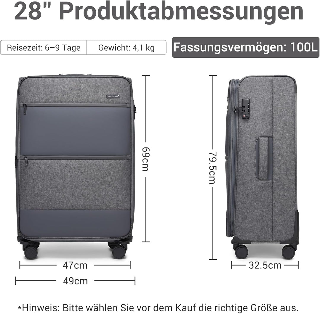 British Traveller Erweiterbarer Koffer Gross, 100L Stoff Reisekoffer mit Volumenerweiterung,4 Rollen