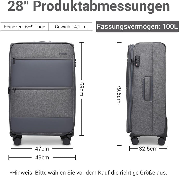 British Traveller Erweiterbarer Koffer Gross, 100L Stoff Reisekoffer mit Volumenerweiterung,4 Rollen