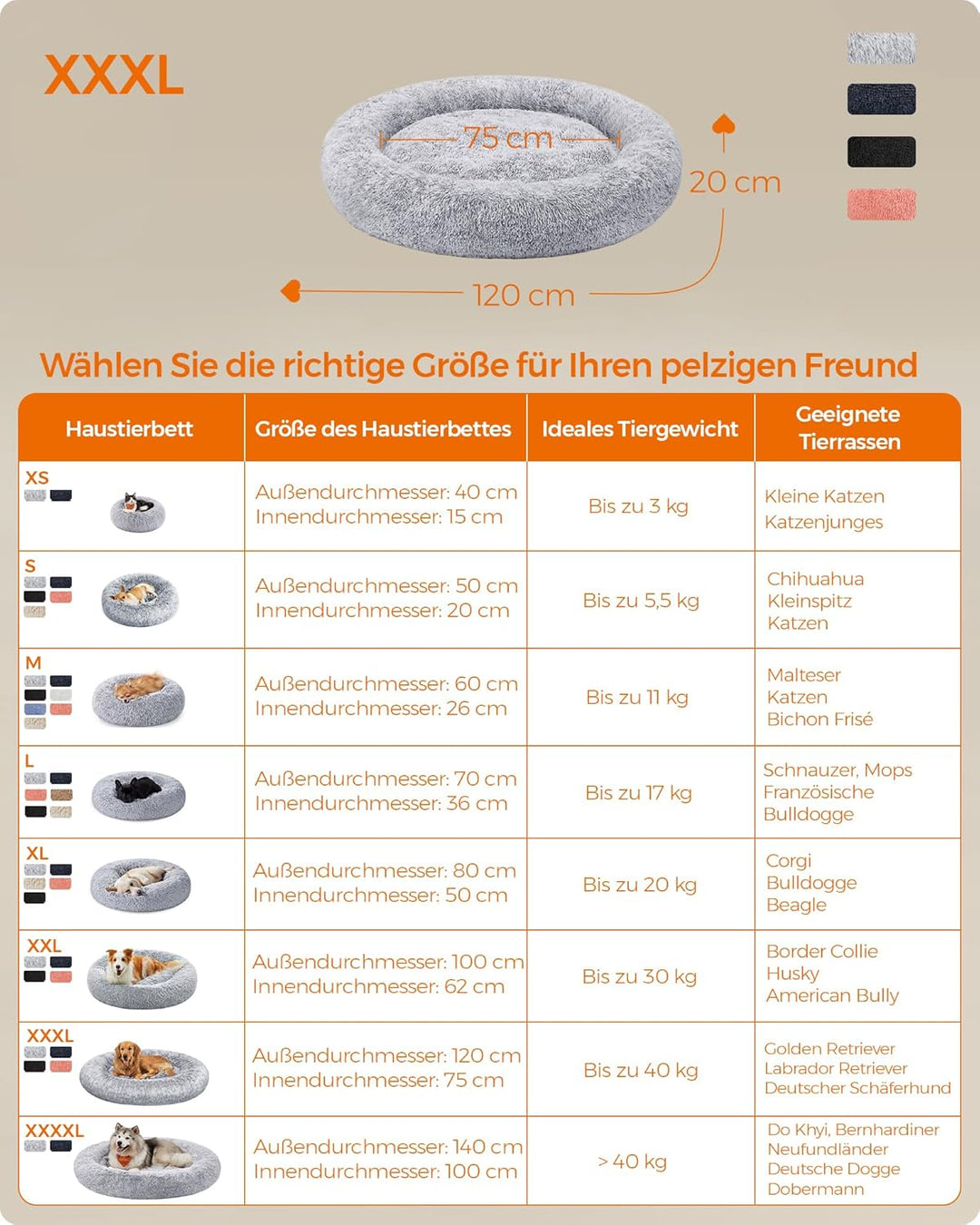 Feandrea Hundebett flauschig, Katzenbett, Donut Kissen, waschbar, Polsterung in der Mitte herausnehm