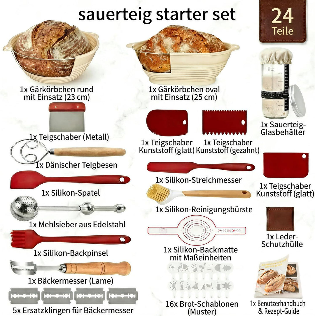 Sauerteig Starter Set, Brot backen Zubehör 24 teilig, Gärkorb Brot Rund 23cm und Oval 25cm, Brotkorb