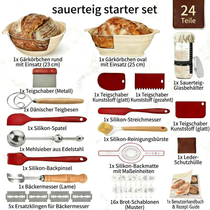 Sauerteig Starter Set, Brot backen Zubehör 24 teilig, Gärkorb Brot Rund 23cm und Oval 25cm, Brotkorb