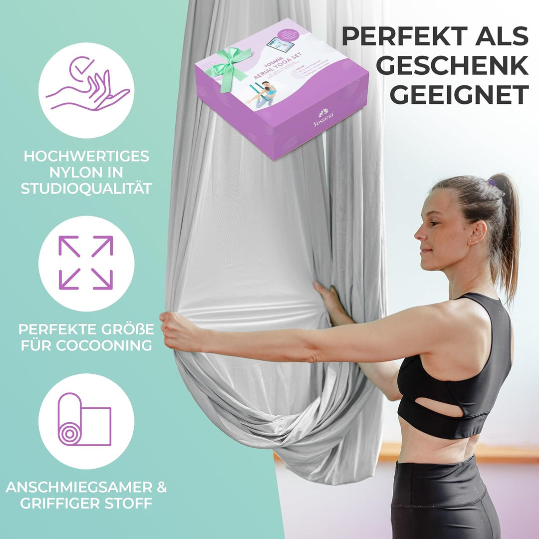 Yosana Hängematte | Komplettset inkl. Befestigung | TÜV geprüft | Nylon Tuch 5m x 2,6m Silbergrau (1