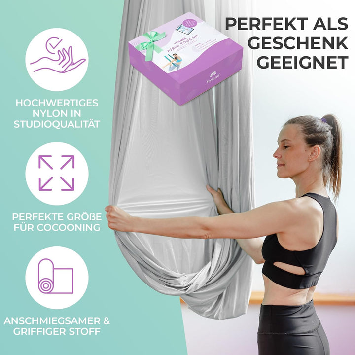 Yosana Hängematte | Komplettset inkl. Befestigung | TÜV geprüft | Nylon Tuch 5m x 2,6m Silbergrau (1