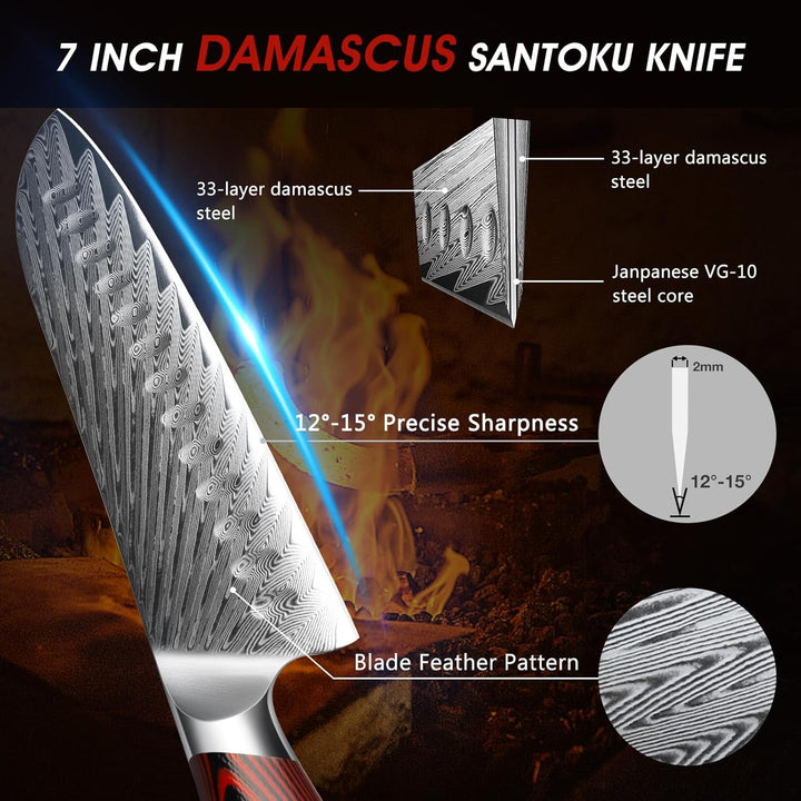 HOSHANHO Damaszener Santokumesser, professionelles 7-Zoll-Küchenmesser, ultrascharfes Santoku-Kochme