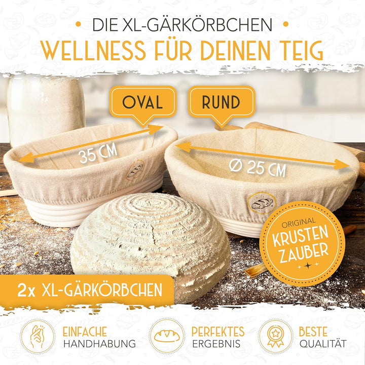 KRUSTENZAUBER Gärkörbchen zum Brotbacken + Bäckermesser - Set aus 2x Gärkorb und 2x Teigritzmesser -