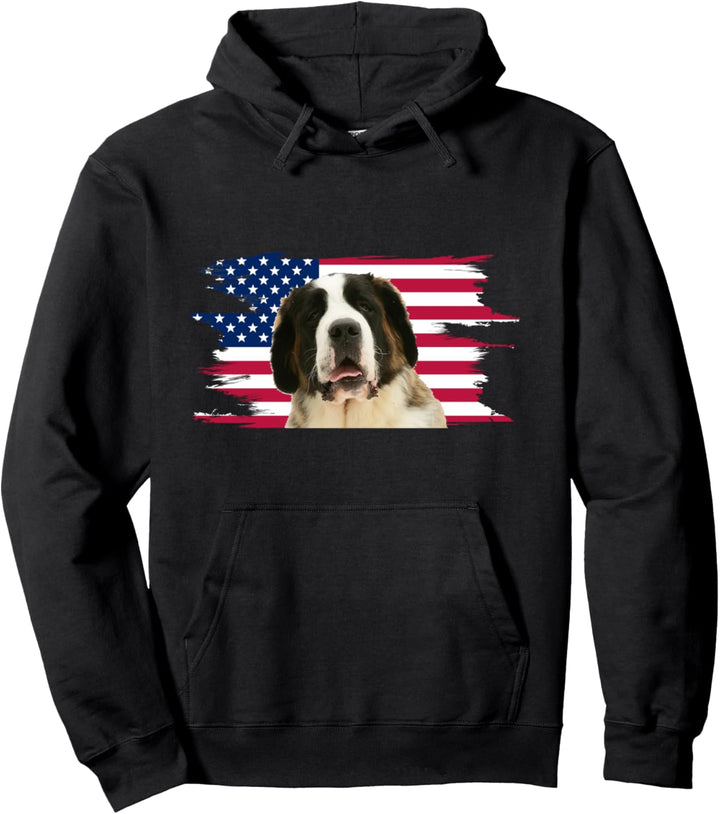 American Flag Dog Saint Bernard Pullover Hoodie