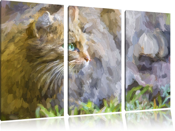 kleine Manul im Gras Spezial 3-Teiler Leinwandbild 120x80 Bild auf Leinwand, XXL riesige Bilder fert