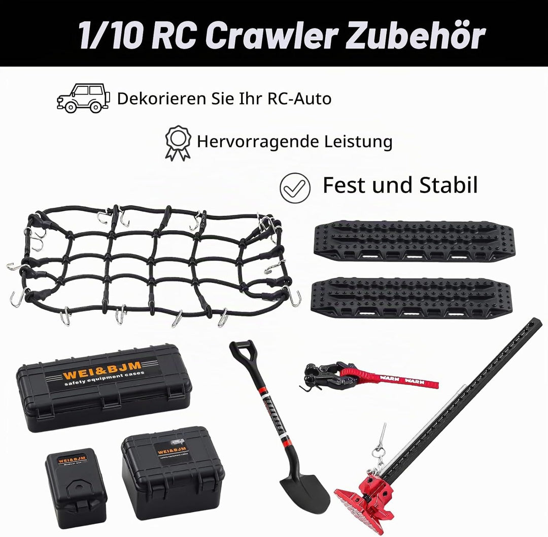 RC Crawler Zubehör, 1/10 Truck Dachträger Rc Zubehör Set 9 in 1 Tankaufbewahrungsbox, Gepäcknetz, Sc