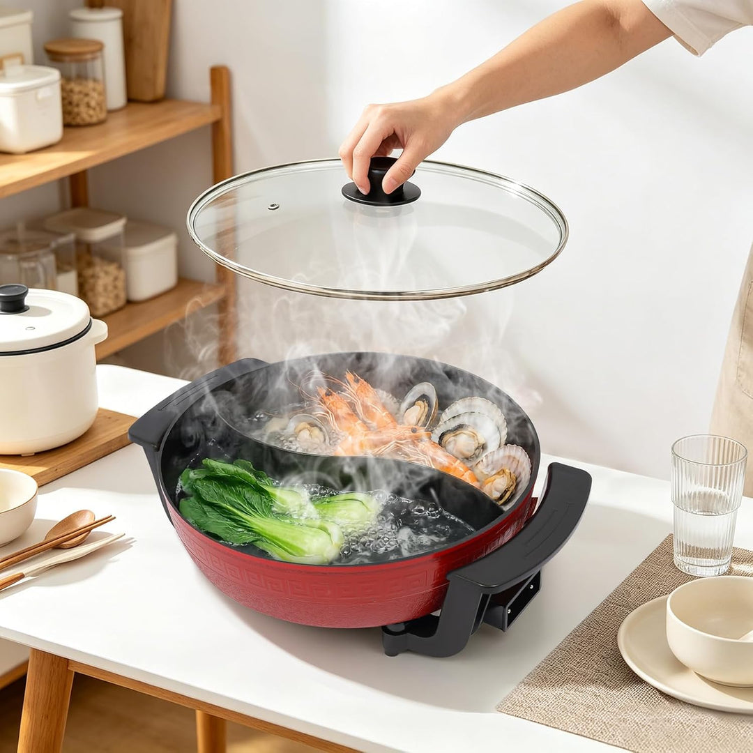 Elektrischer Hotpot 6L 1360W für Familie, mit 5 Temperaturstufen Rot | Antihaftbeschichtung, rutschf