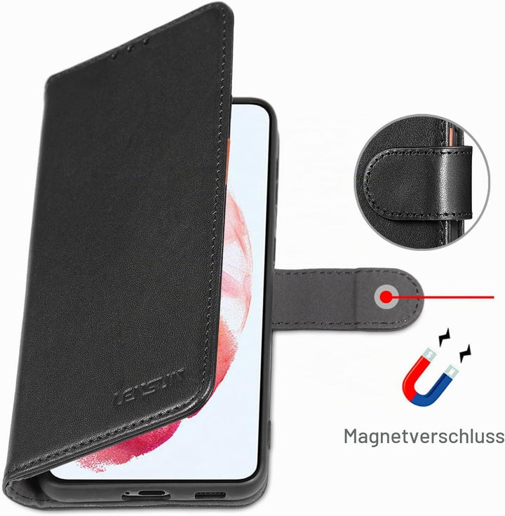 LENSUN Echtleder Hülle für Samsung Galaxy S21, Handyhülle [Echtes Leder] [Magnetverschluss] [RFID Sc