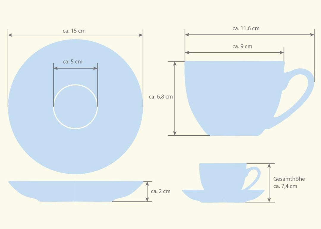 Kaffeetassen Set aus Fine Bone China Porzellan. 6 Kaffeetassen je 210ml und 6 Unterteller mit stilvo