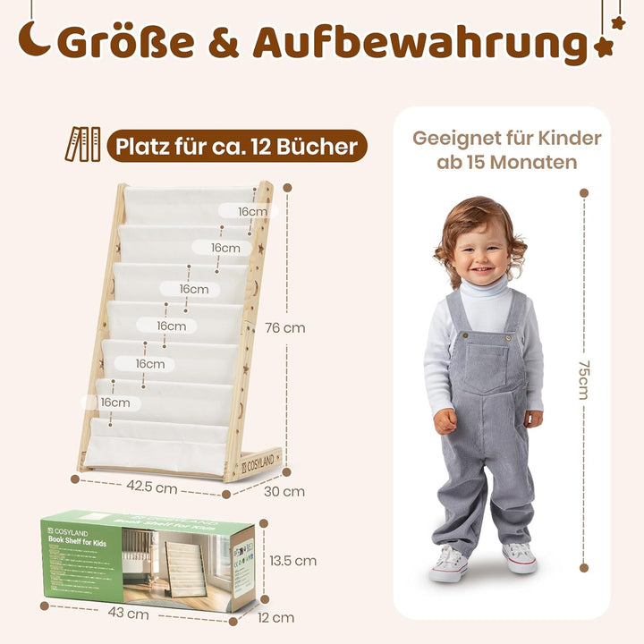 COSYLAND Montessori Bücherregal Kinder Holz - 45cm Montessori Regal mit 6 Oxford-Stoff Fächern - Kin