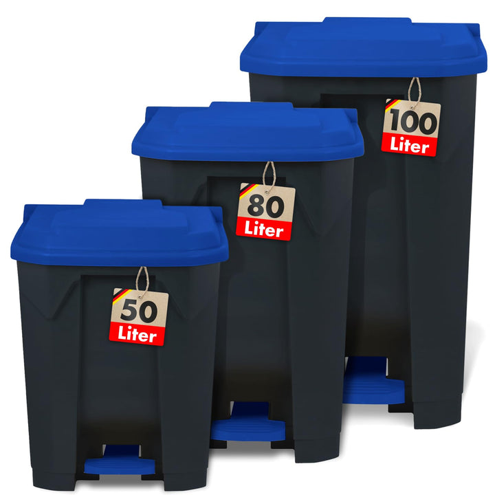 Floordirekt Mülleimer 100 Liter, blauer Deckel, Abfalleimer für Küche und Büro, Mülltrennsystem, Tre